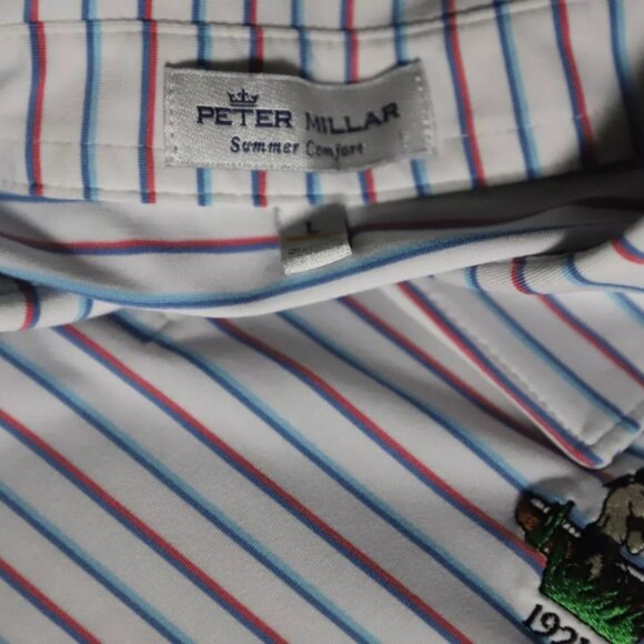 Peter Millar Sumer Comfort Golf Polo Shirt Mens L White/Blue Stripe Embroidery - Picture 7 of 10
